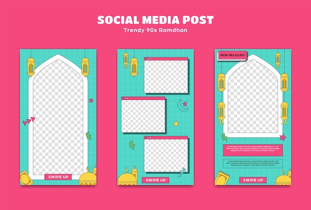 Editable ramadhan instagram story post template set 90s retro trendy cartoon style