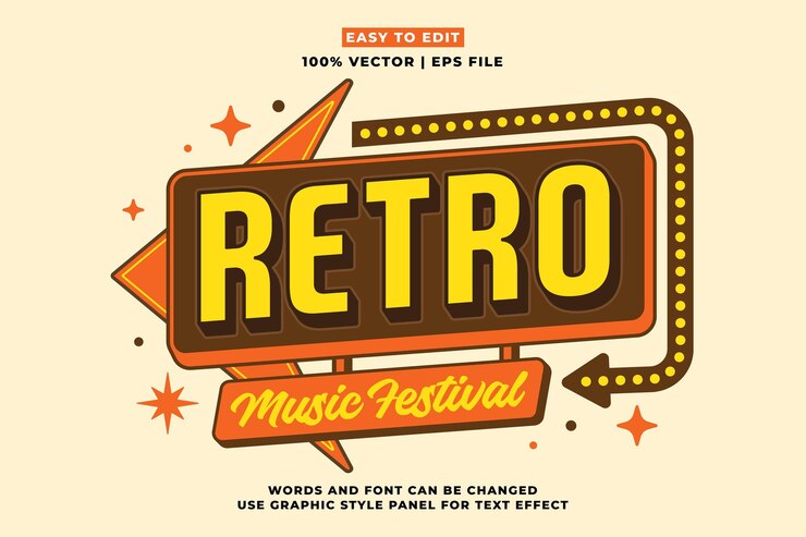 Vector editable retro music text effect 3d cartoon styleeditable text effect vintage music template vector