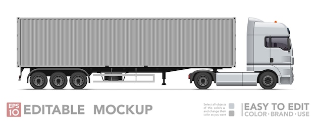 Editable semi truck . Realistick tractor & iso container trailer on white background.