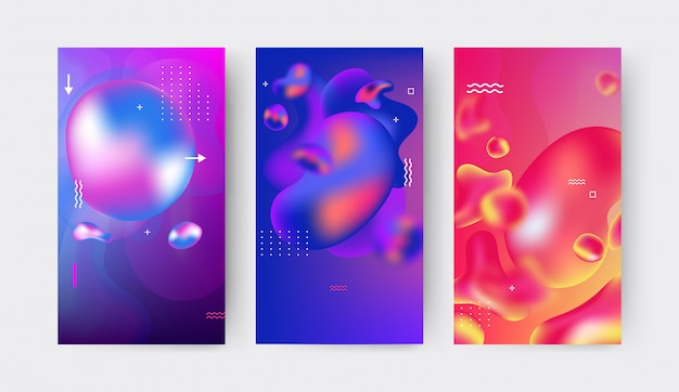 Vector editable story template collection with wave liquid gradient splashes