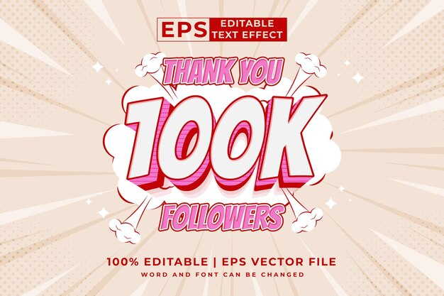 Editable text effect 100k followers 3d Cartoon Comic style premium vector