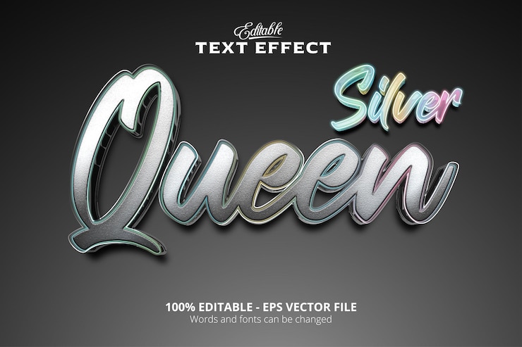 Vector editable text effect black background silver queen text