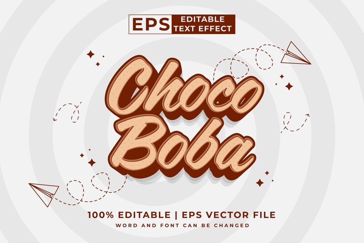 Vector 편집 가능한 텍스트 효과 초코 보바 3d 만화 귀여운 스타일 프리미엄 벡터