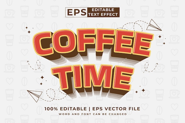 Редактируемый текстовый эффект Coffee Time 3d мультяшный стиль шаблона премиум вектор