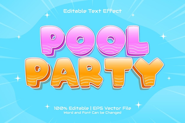 Effetto testo modificabile stile cartone animato carino pool party 3d flat