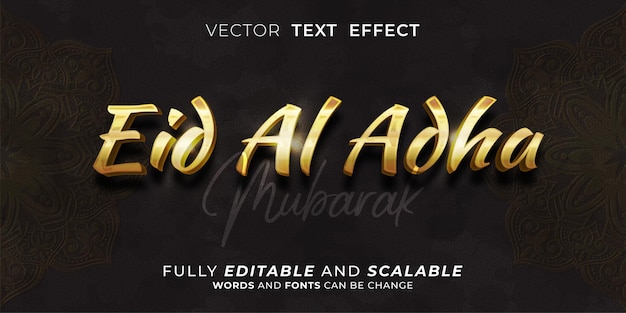 Vector editable text effect eid al adha mubarak 3d gold style concept