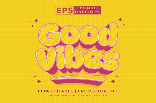 Editable text effect Good Vibes 3d Cartoon Cute template style premium vector