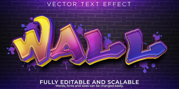 Vector editable text effect graffiti, 3d wall and spray font style