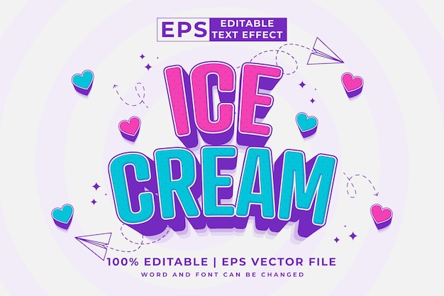 Effetto testo modificabile ice cream 3d cartoon cute template style premium vector