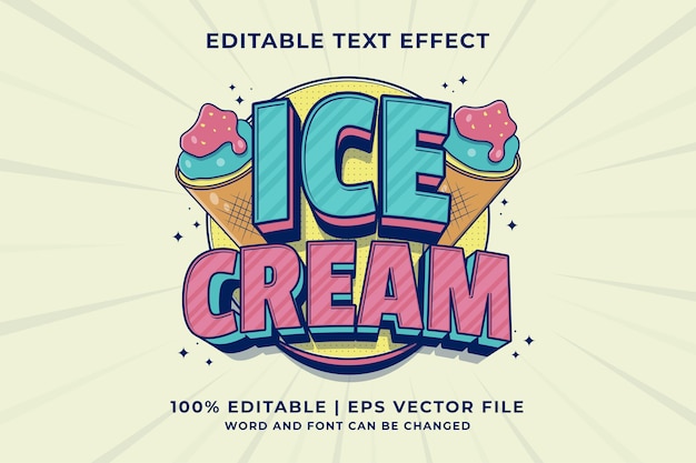 Effetto testo modificabile ice cream 3d cartoon cute template style premium vector