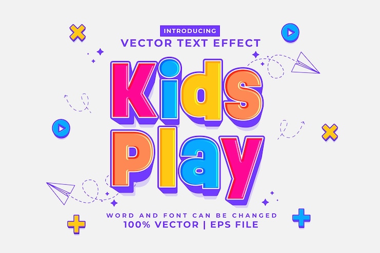 Vector editable text effect kids play 3d cartoon template style premium vector