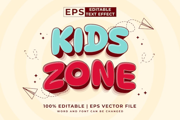 Effetto di testo modificabile kids zone 3d vettore premium in stile cartone animato carino