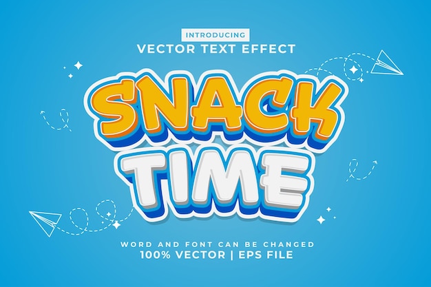 Vector editable text effect snack time 3d cartoon template style premium vector