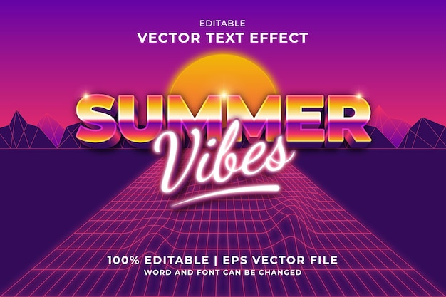 Vector editable text effect summer vibes 3d 80s template style premium vector