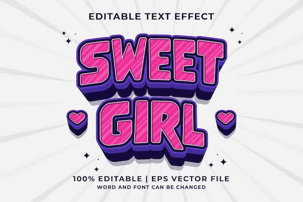 Editable text effect Sweet Girl 3d Cartoon template style premium vector