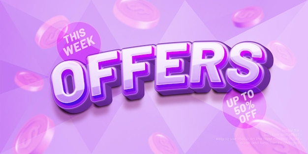 Editable text vector sale and offers banner in purple color themesale with 3d style editable text effect