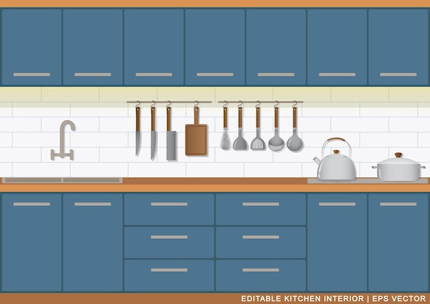 レトロなデザインのリアルなキッチンインテリアモックアップの編集可能なベクトル