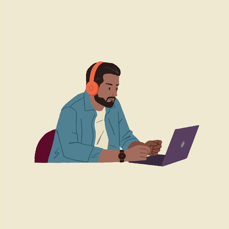 Vector editable vector illustration young guy student remote working freelancer using a laptop