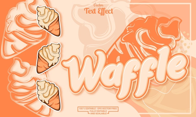 オレンジ色のアイスクリームの手描きの背景に編集可能なワッフル テキスト効果