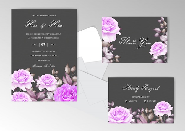 Editable wedding invitation cards with elegant flower and leaves