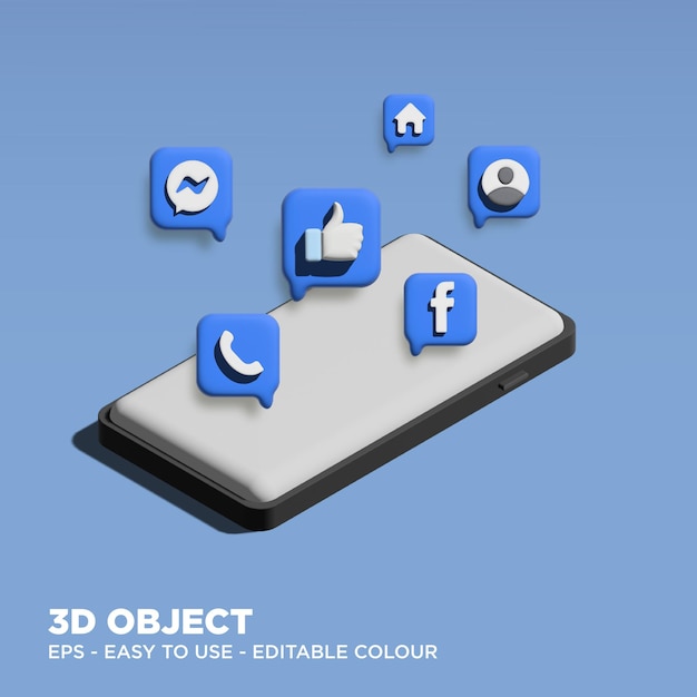 Editablle 3D Facebook op mobiele telefoonmodel met 3D-pictogrammen