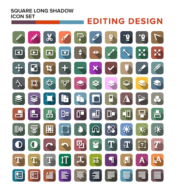 editing icons set in flat design with long shadow