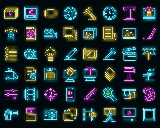 Editor icons set. outline set of editor vector icons neon color on black