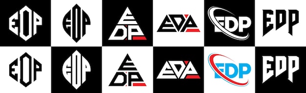 Vettore design del logo delle lettere edp in sei stili edp poligono cerchio triangolo esagono stile piatto e semplice con variazione di colore bianco e nero logo delle lettere impostato in un artboard edp logo minimalista e classico