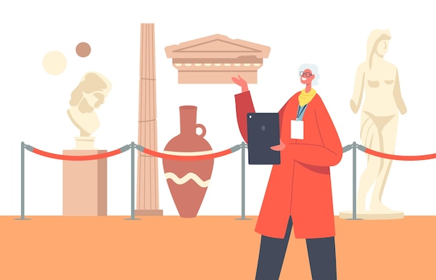 Vector educated senior guide in historical museum conduct educational lecture about ancient architecture, crockery and past ages. female character with tablet in hands. cartoon vector illustration