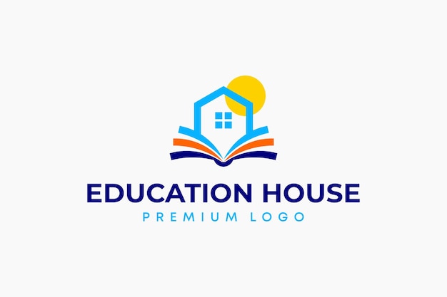 Educatief huis met de vorm van een open boek en de zon Logo premium vector