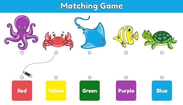 Vector educatief kinderspel match zeedieren en kleuren