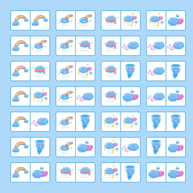 Educatief logisch spel voor kinderen. Bordspel domino. Leuk weer. Vector illustratie.