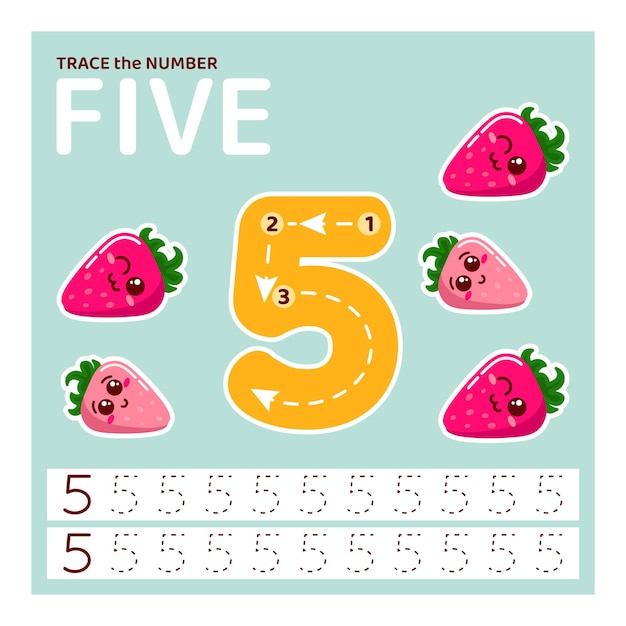 Educatief materiaal met nummer vijf Traceernummer voor kinderen Leren tellen en schrijven
