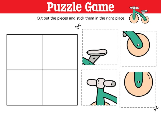 Educatief puzzelspel voor kinderen om stukjes te knippen en te plakken met doodle running bike