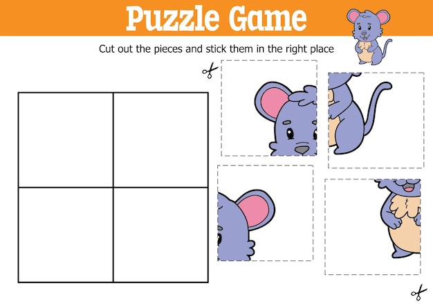 educatief puzzelspel voor kinderen om stukjes te knippen en te plakken met een cartoonmuiskarakter