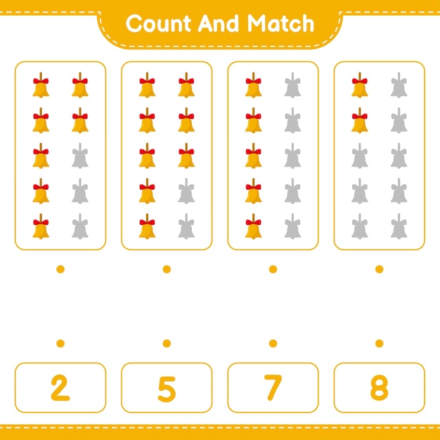 Educatief spel met het tellen van het aantal gouden kerstklokken en het matchen met de juiste cijfers