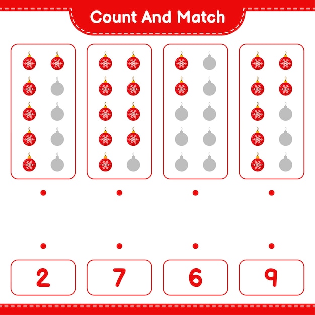 Educatief spel met het tellen van het aantal kerstballen en het matchen met de juiste nummers