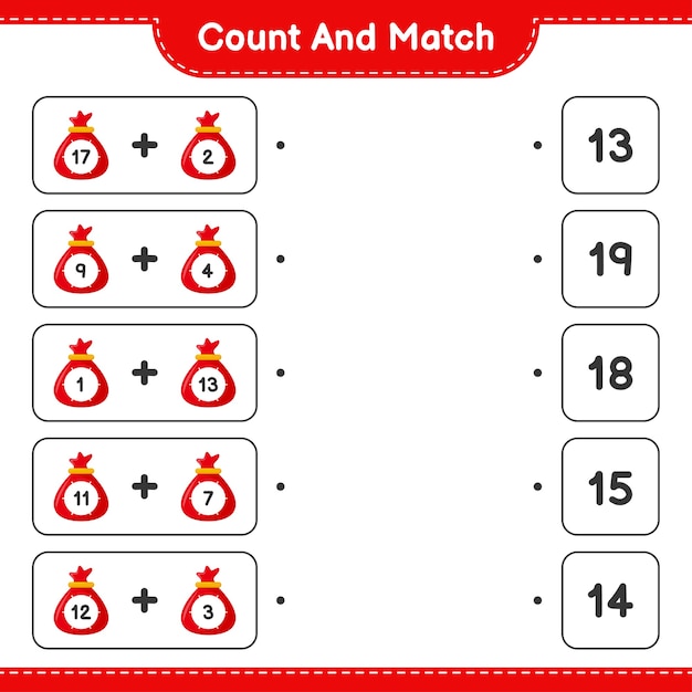 Educatief spel met het tellen van het aantal kerstmanzakjes en het matchen met de juiste cijfers