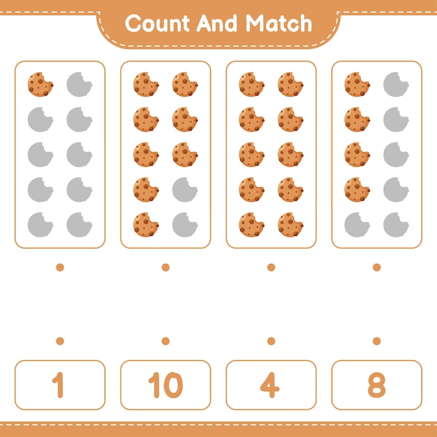 Educatief spel met het tellen van het aantal koekjes en het matchen met de juiste cijfers