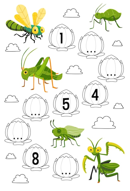 Vector educatief spel voor het voltooien van de reeks van nummers met schattige cartoon libel bladluis sprinkhaan en bidsprinkhaan afbeelding afdrukbare bug werkblad