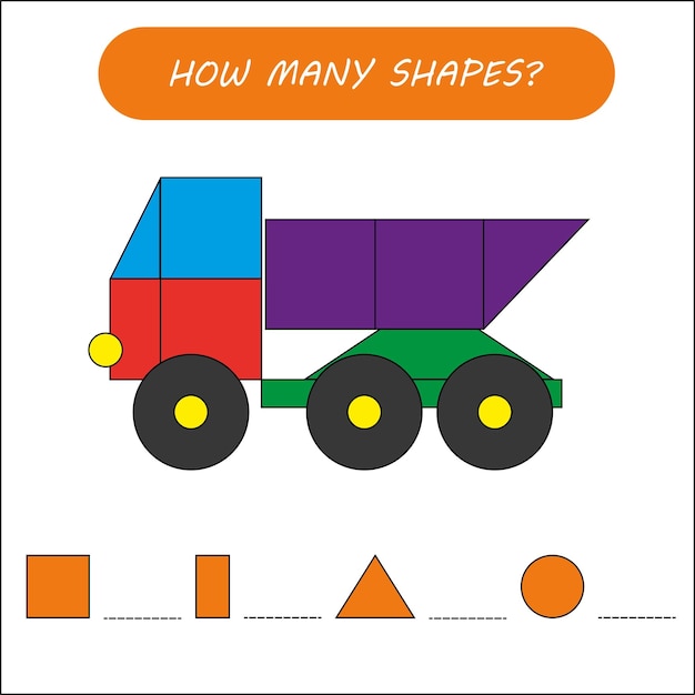 Educatief spel voor kinderen. Auto van geometrische vormen. Tel driehoek, vierkant, rechthoek, cirkel.