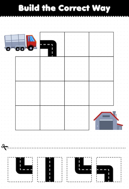 Educatief spel voor kinderen bouw de juiste manier om de vrachtwagen naar het magazijn te verplaatsen