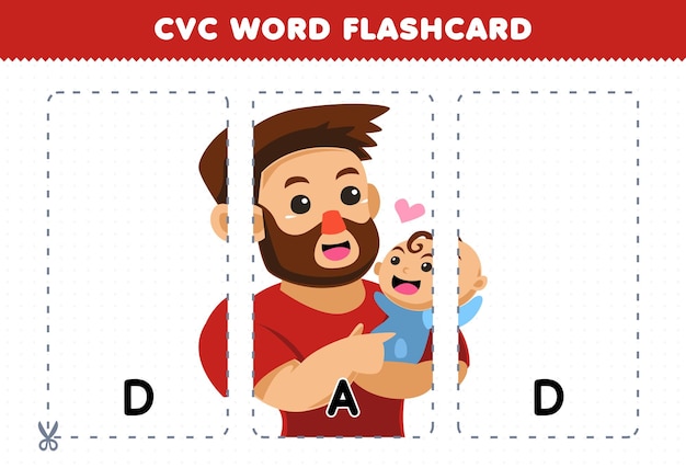 Educatief spel voor kinderen die medeklinker klinker medeklinker woord leren met schattige cartoon DAD illustratie afdrukbare flashcard