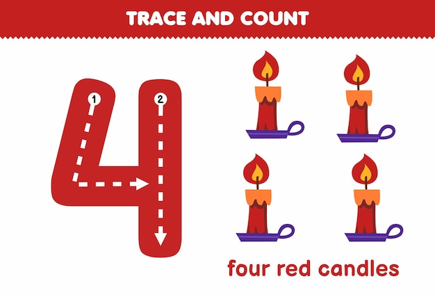 Educatief spel voor kinderen die nummer vier volgen en het tellen van schattige cartoon rode kaarsen halloween afdrukbaar werkblad