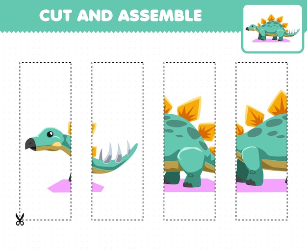Educatief spel voor kinderen die oefenen en puzzel samenstellen met cartoon prehistorische dinosaurus stegosaurus