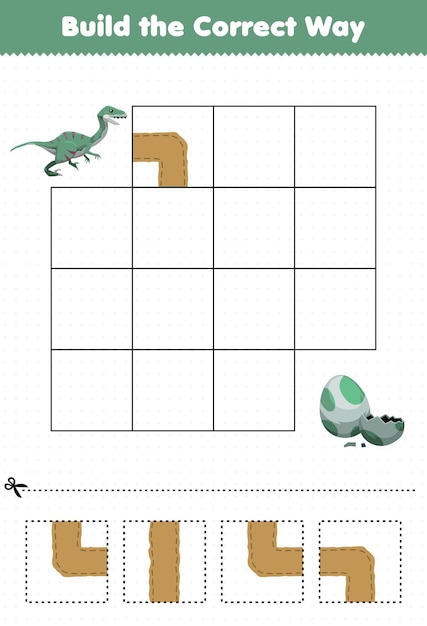 Educatief spel voor kinderen die op de juiste manier bouwen, help schattige prehistorische dinosaurus velociraptor om naar ei te gaan