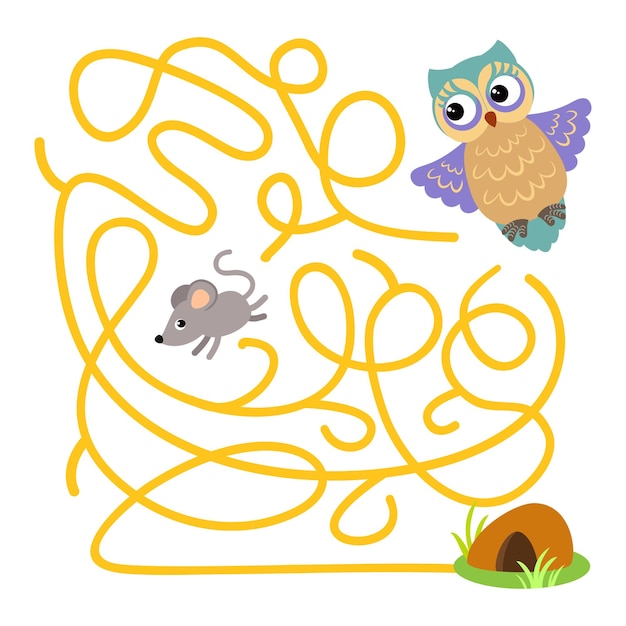 Educatief spel voor kinderen doolhof Help de muis te ontsnappen aan de uil Cartoon vectorillustratie