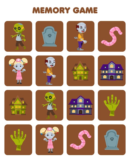 Vector educatief spel voor kinderen geheugen om vergelijkbare foto's te vinden van schattige cartoon grafsteen spookachtig huis worm hand zombie kostuum halloween afdrukbaar werkblad