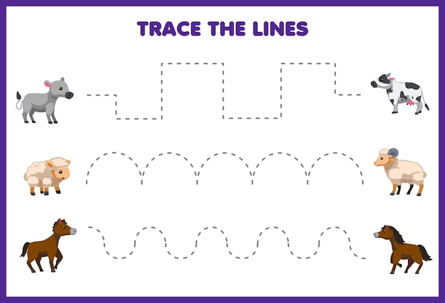 Educatief spel voor kinderen handschriftoefening traceer de lijnen met schattige cartoon koe schapen paard foto afdrukbaar boerderij werkblad