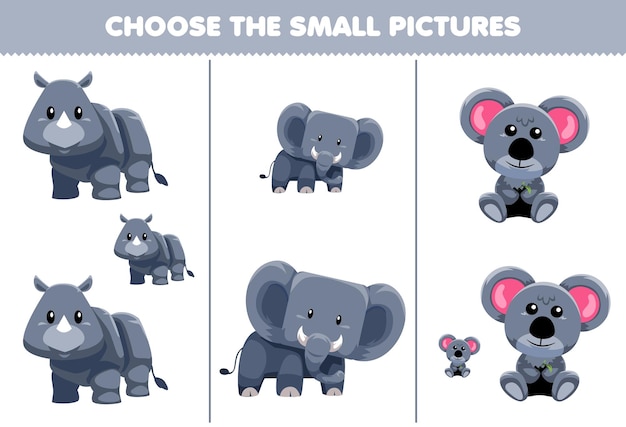 Educatief spel voor kinderen kies de kleine afbeelding van een schattig cartoon neushoorn olifant koala afdrukbaar dierenwerkblad